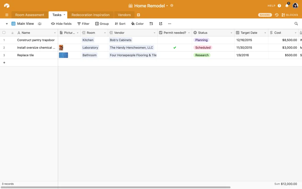 using Airtable to organize home remodel