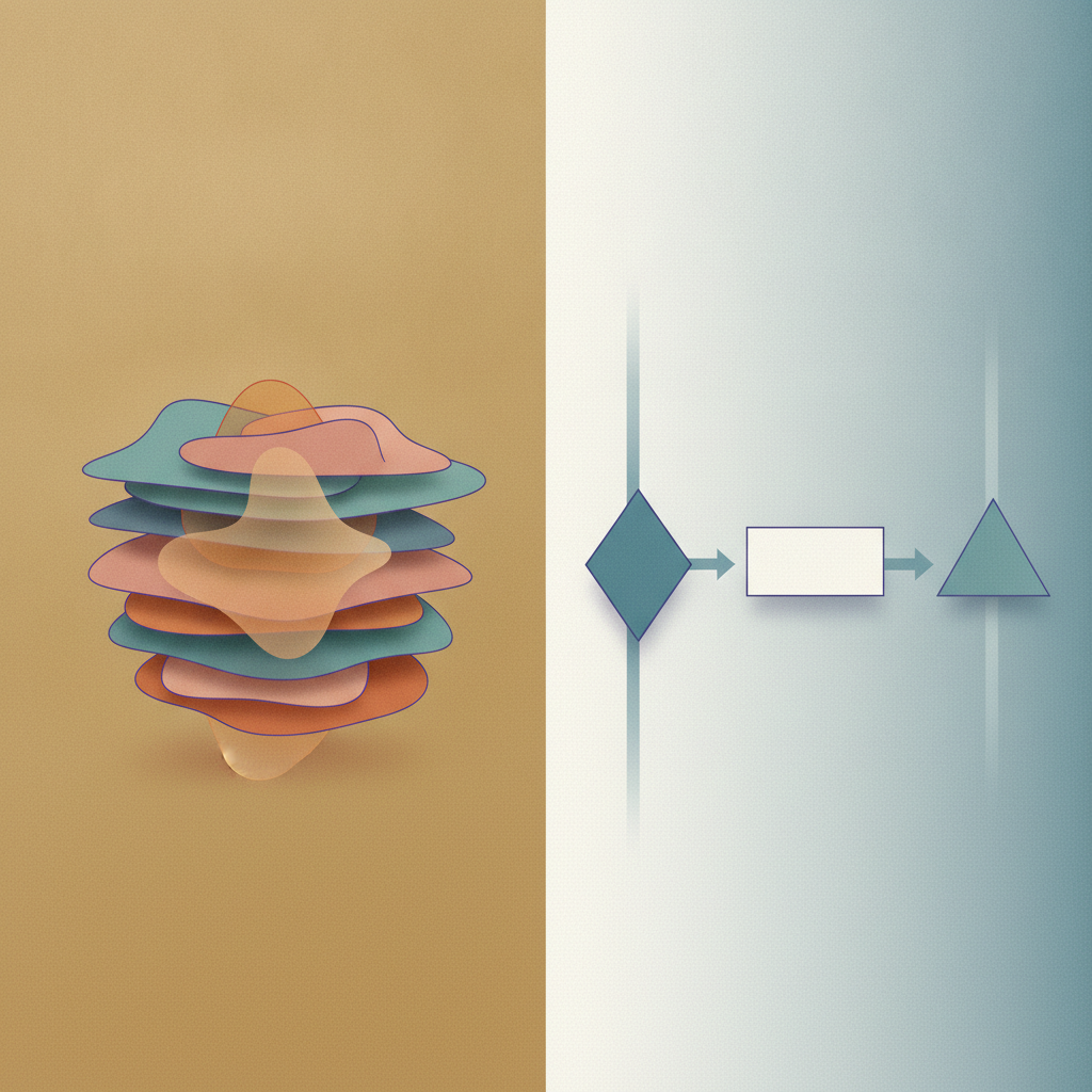 Abstract illustration contrasting a layered concealment structure with a clear three-step linear feedback framework, rendered in geometric shapes and muted teal and amber tones