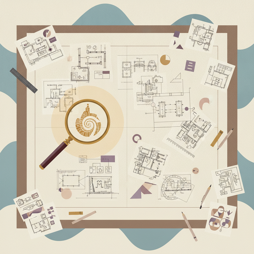 Overhead view of a drafting table covered in diverse idea sketches with a magnifying glass highlighting one standout concept, surrounded by abstract neural wave patterns