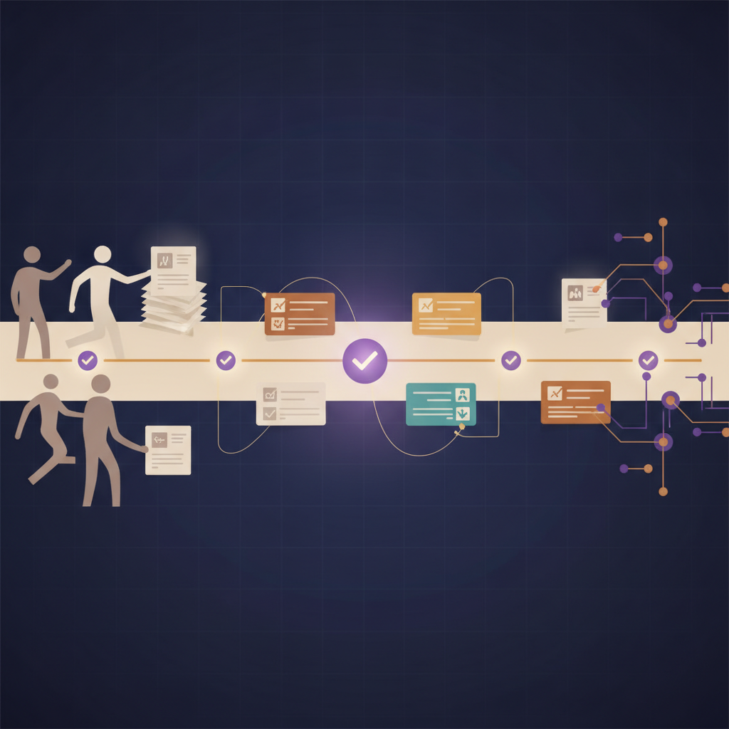 Illustrated timeline showing human and AI contributors logging completed work cards onto a shared progress ribbon
