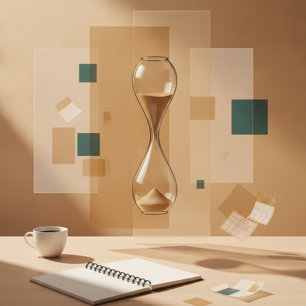 Abstract editorial illustration of an elastic hourglass over a minimalist desk, representing the neuroscience of time perception at work