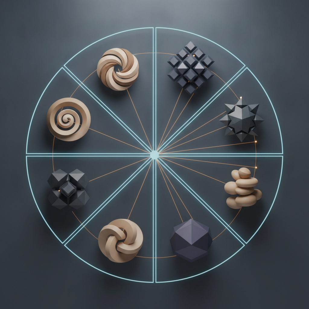 Abstract top-down diagram of a circular pod workspace with geometric shapes representing human and AI team members connected by coordination lines