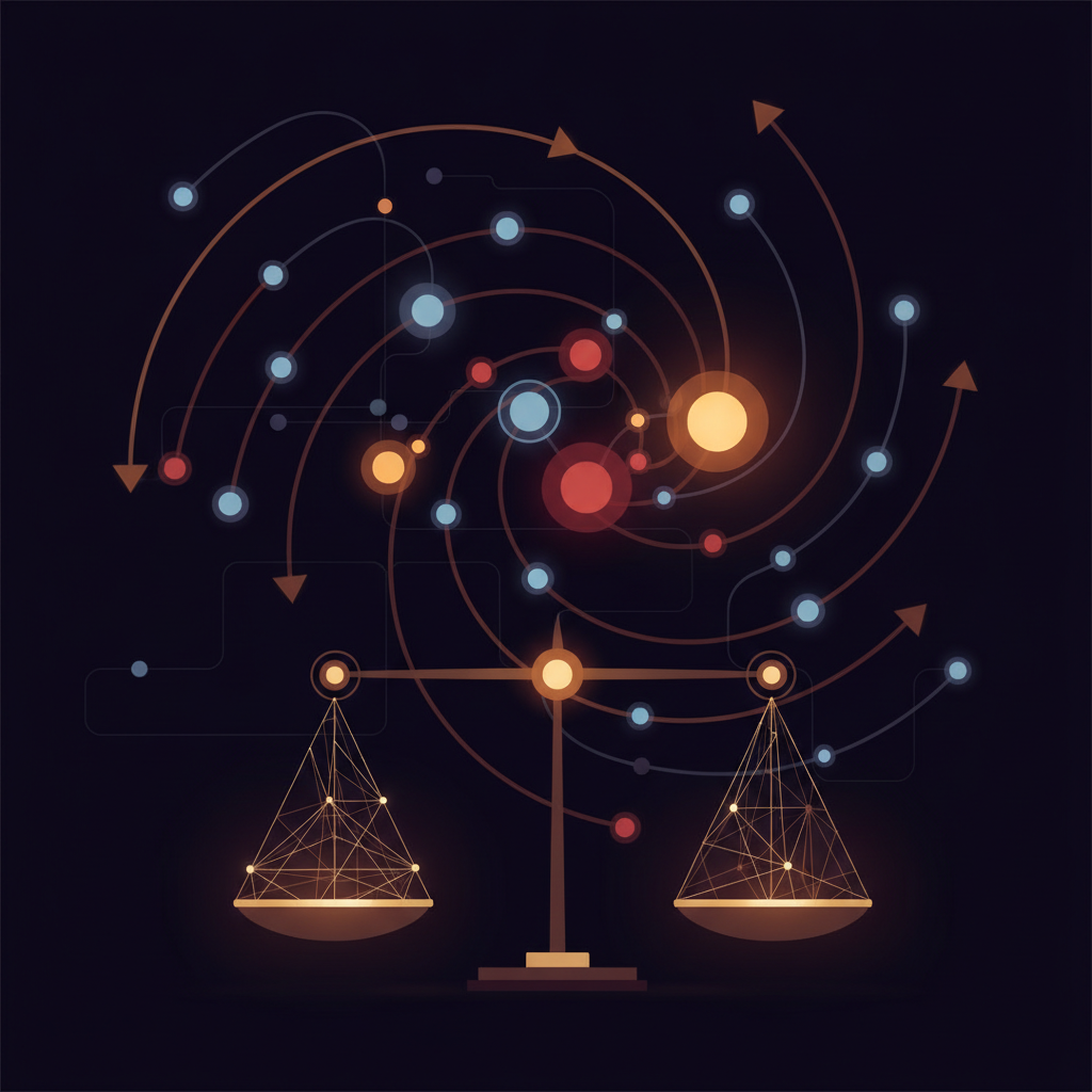 Abstract illustration of a neural feedback loop with asymmetrically weighted negative and positive signal nodes, representing how AI systems can amplify human negativity bias in decision-making