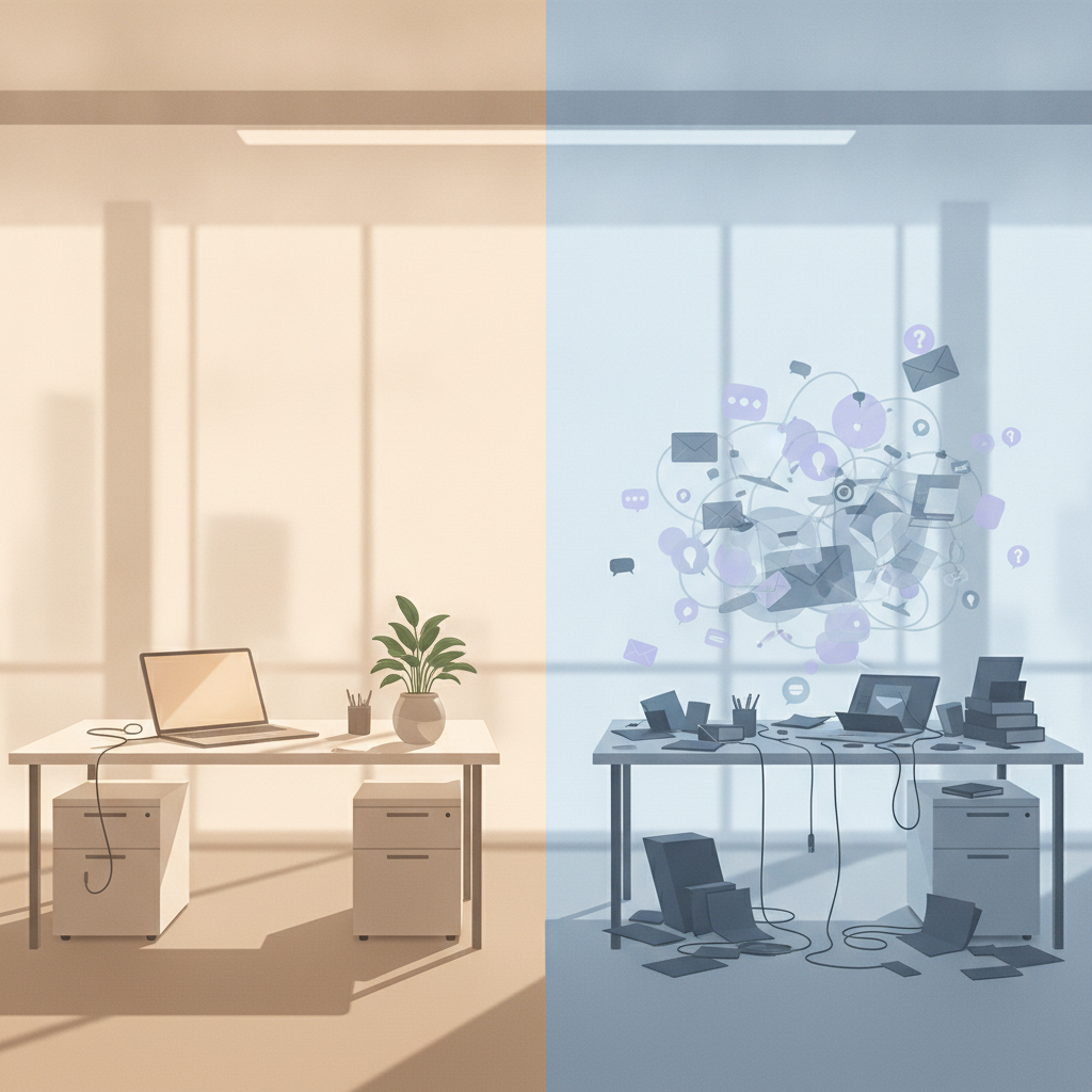 Split editorial illustration showing a calm, organized desk representing deep focused work on one side, and a tangle of floating notification icons over a cluttered surface on the other, separated by a shift in warm and cool lighting