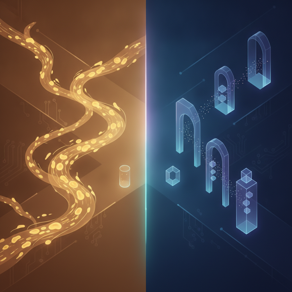 Abstract editorial illustration contrasting rapid automatic data flow on the left with structured checkpoint gates representing deliberate human review on the right, in a deep navy, amber, and teal palette